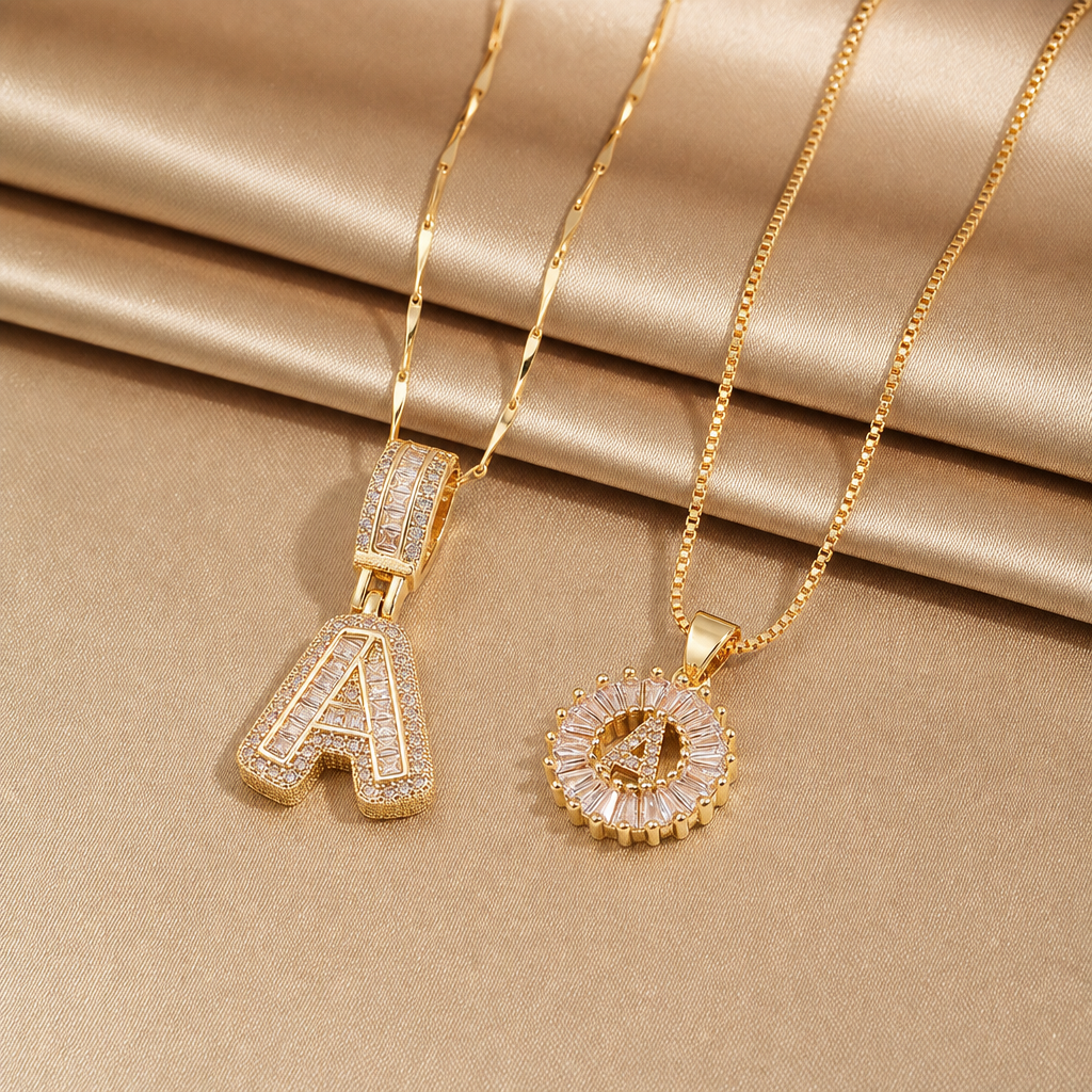 Initial Pendant Pair – Baguette & Medallion (Gold)