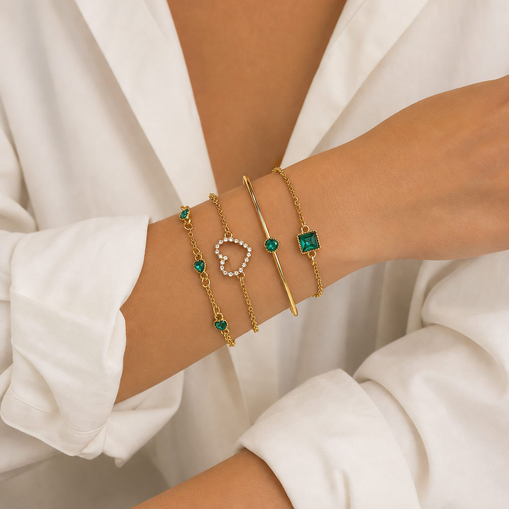 Emerald Bracelet Stack (Gold) worn on wrist