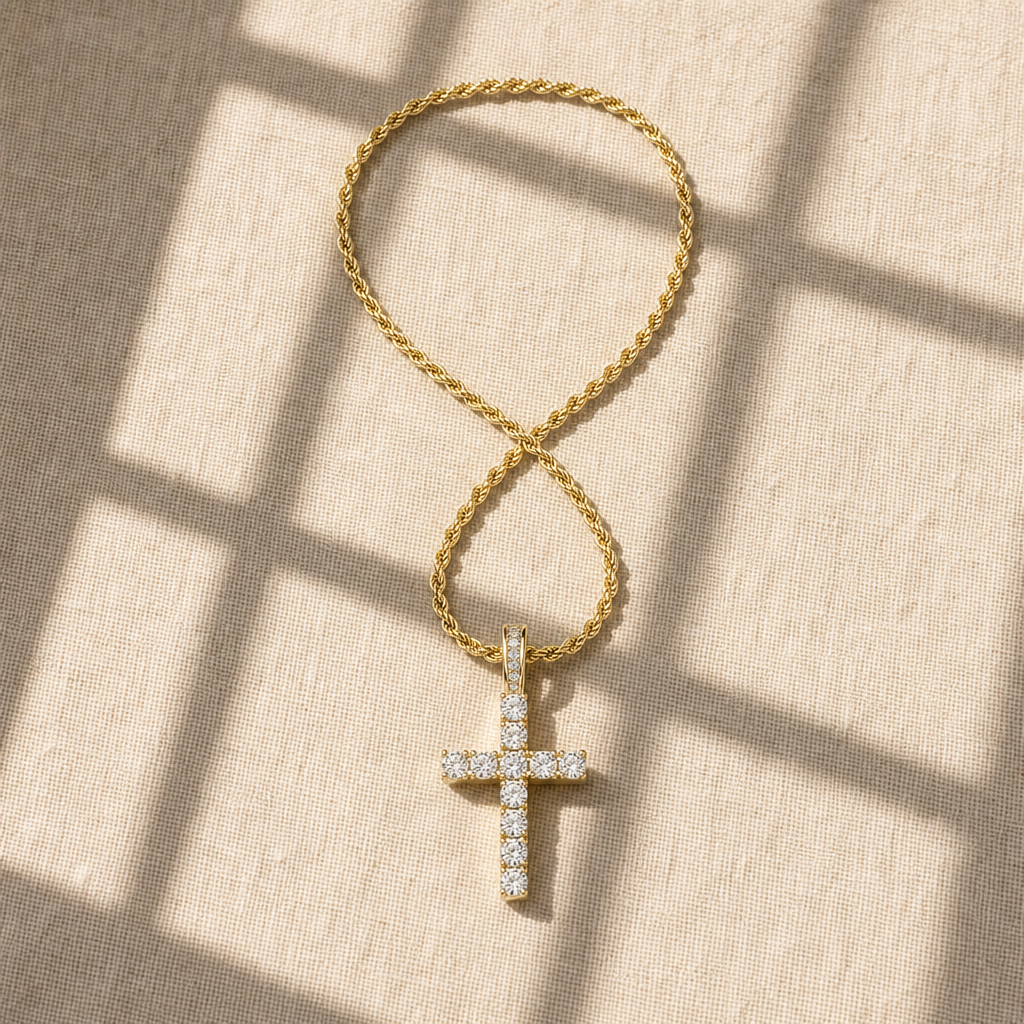 Rope Chain & Pavé Cross Necklace (Gold)