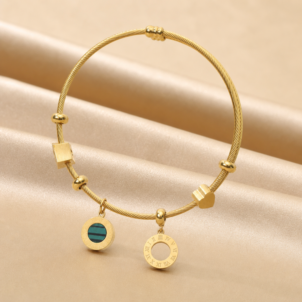 Malachite Wire Bangle with Charms (Gold)