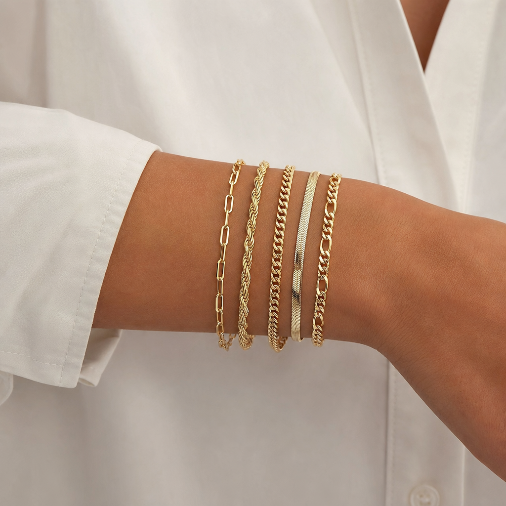Five Chain Bracelet Stack (Gold) worn on wrist