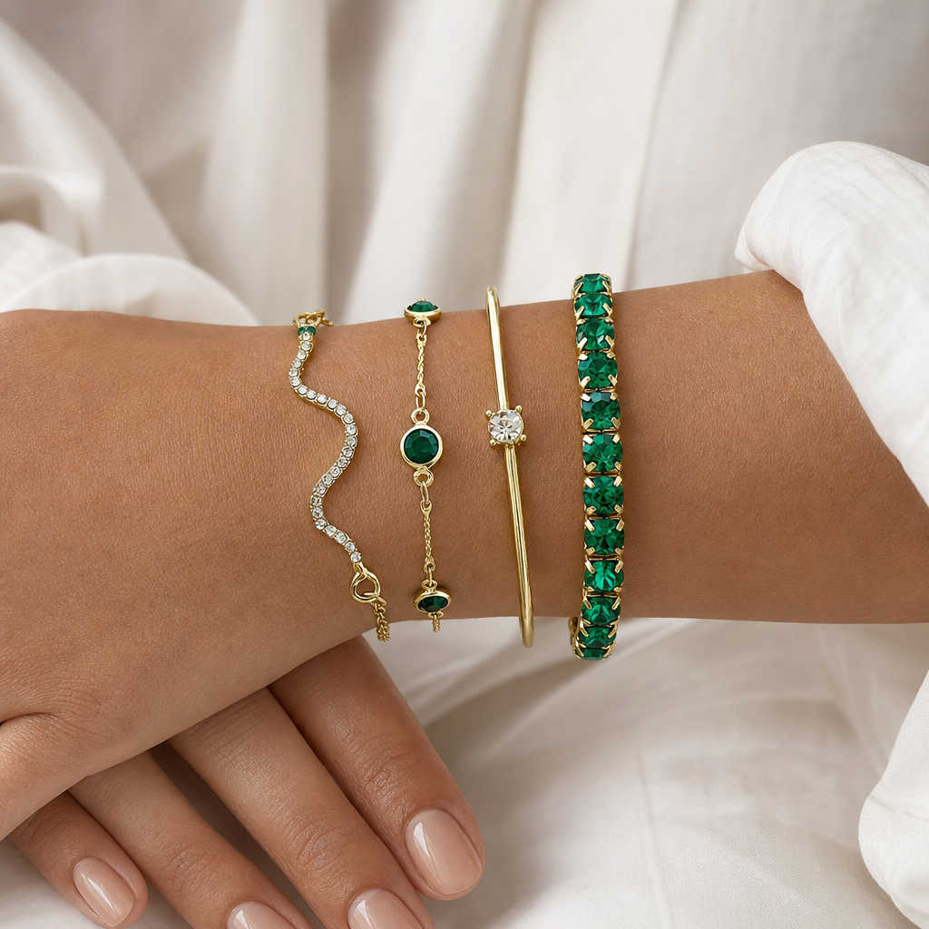 Emerald Bracelet Stack v2 (Gold) worn on wrist