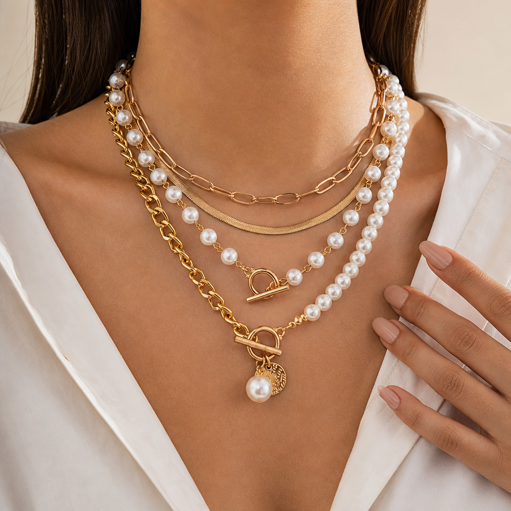Pearl & Chain Layered Necklace Set (Gold) worn