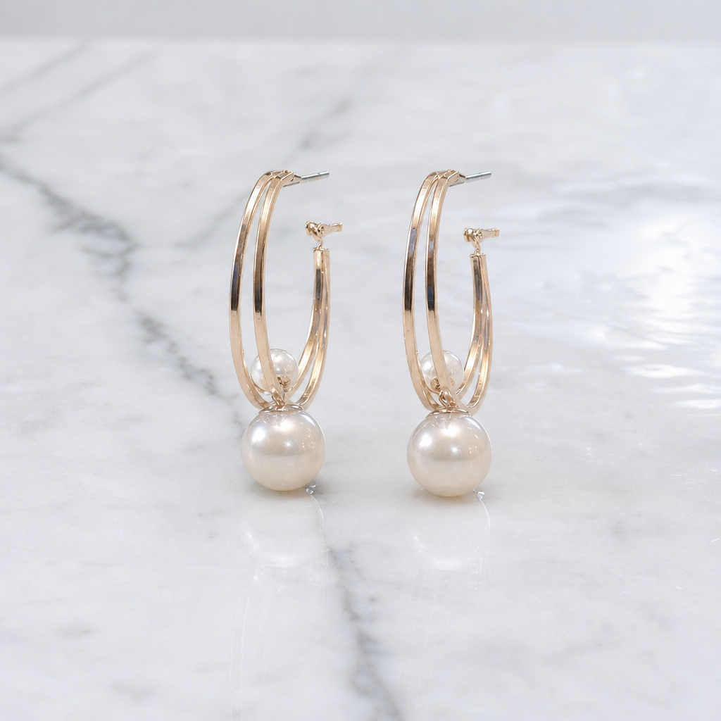 Pearl Drop Double Hoops (Gold)