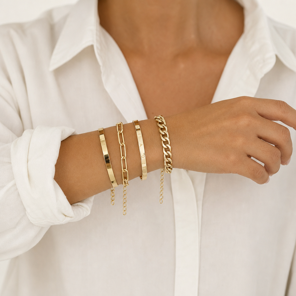 Four Piece Bangle Stack (Gold) worn on wrist
