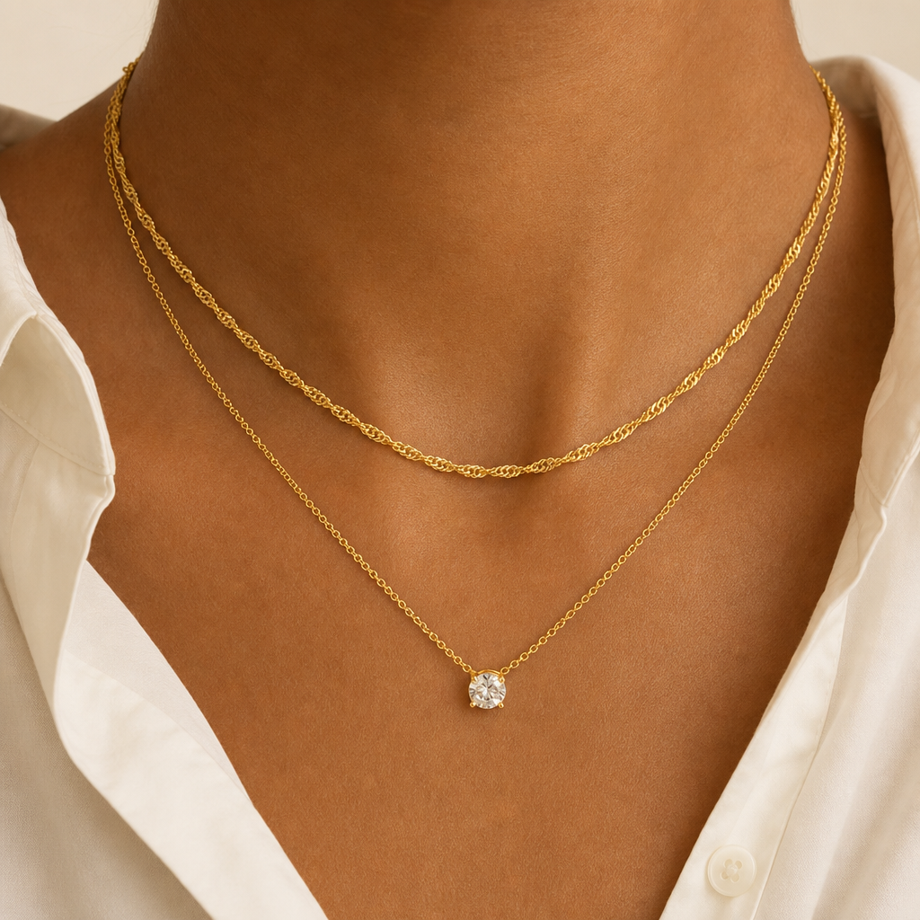 Two Layer Solitaire Necklace (Gold) worn