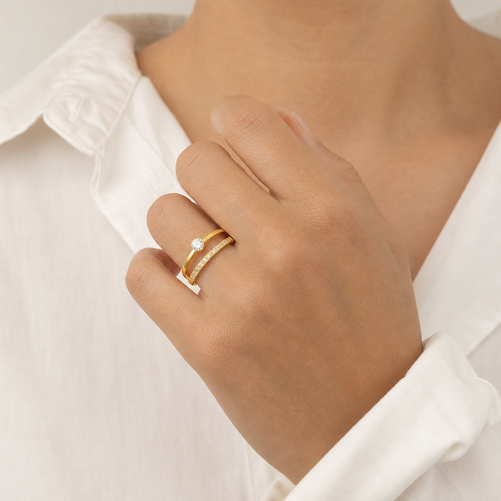 Twisted Double Band Pavé Ring (Gold) worn