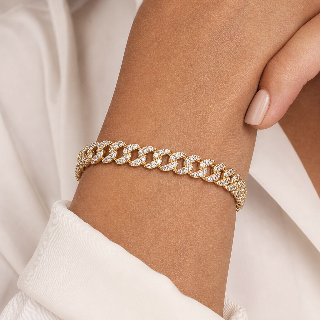 Pavé Cuban Link Bracelet (Gold) worn on wrist
