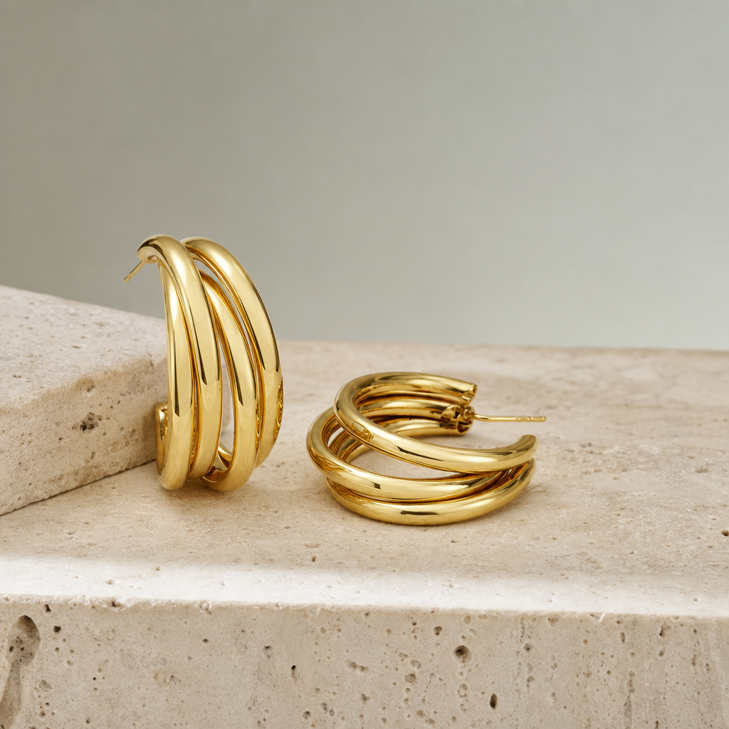 Triple Row Hoop Earrings (Gold)