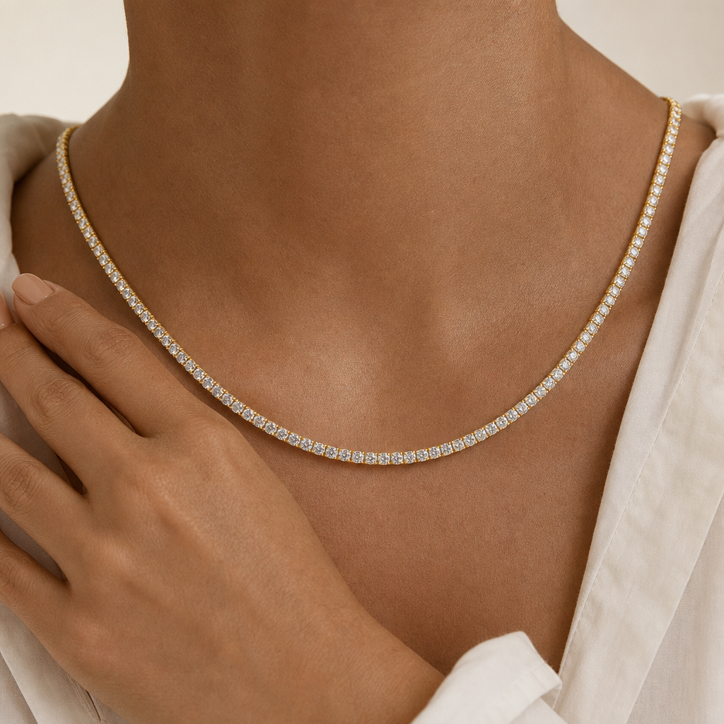 Pavé Tennis Necklace (Gold) worn