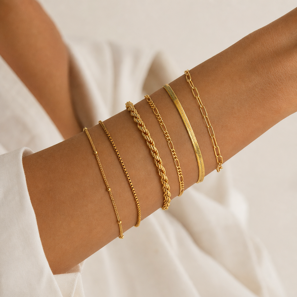 Five Chain Bracelet Stack Original (Gold) worn on wrist
