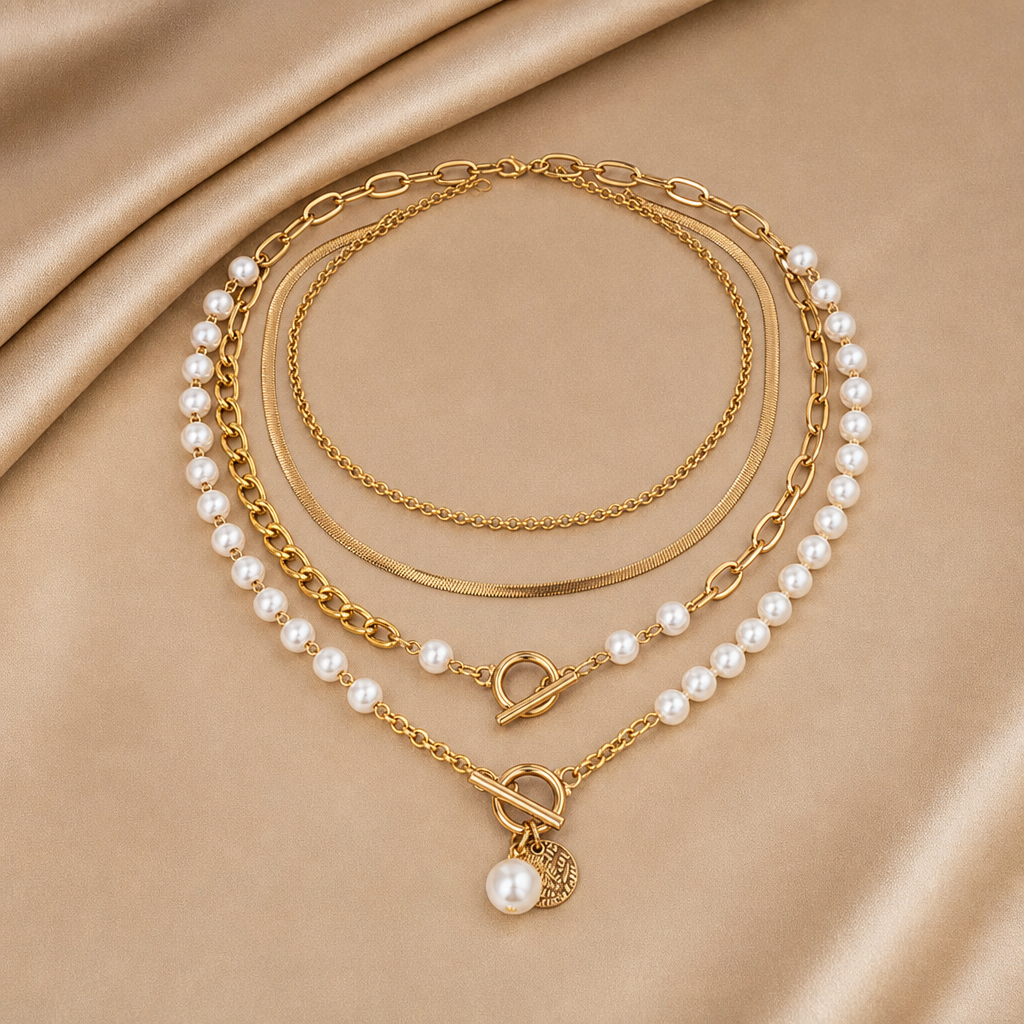 Pearl & Chain Layered Necklace Set (Gold)